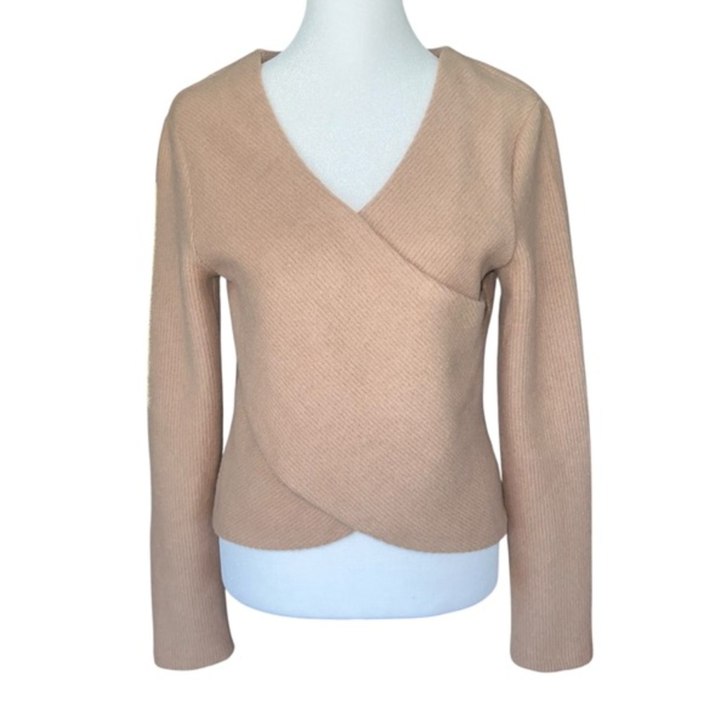 Zara Wrap Sweater Womens M Long Sleeve Ribbed Knit Tan Crossover Neutral Soft